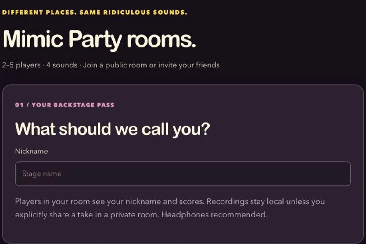 Mimic Party online room entry showing the 2–5 player format and nickname field