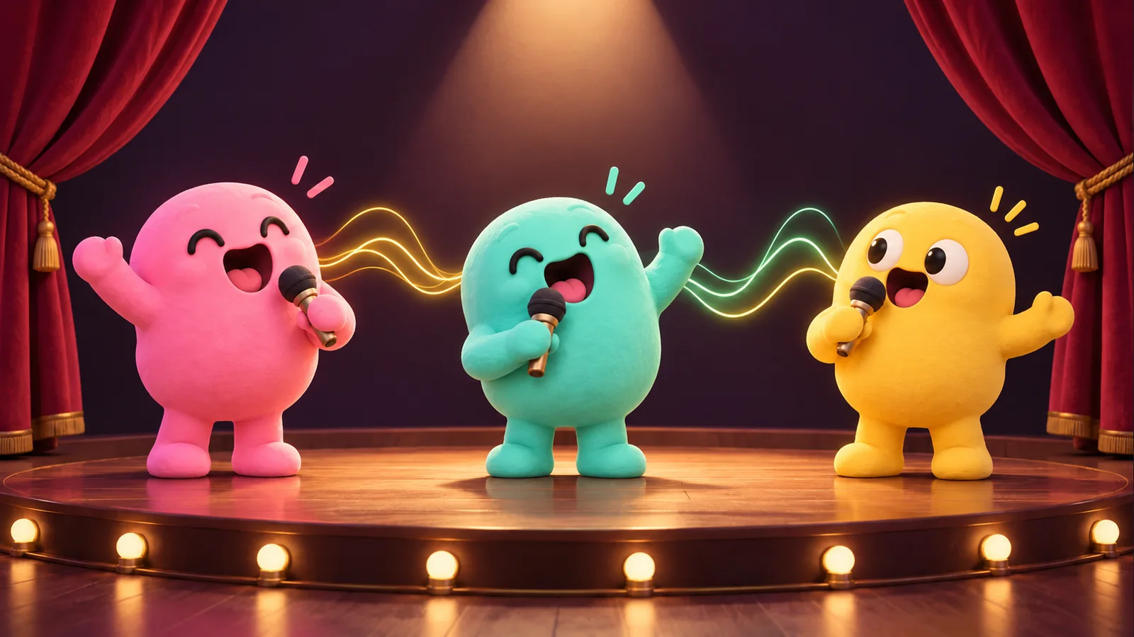 Original illustration of pink, turquoise and yellow singers mimicking sounds on a miniature theater stage