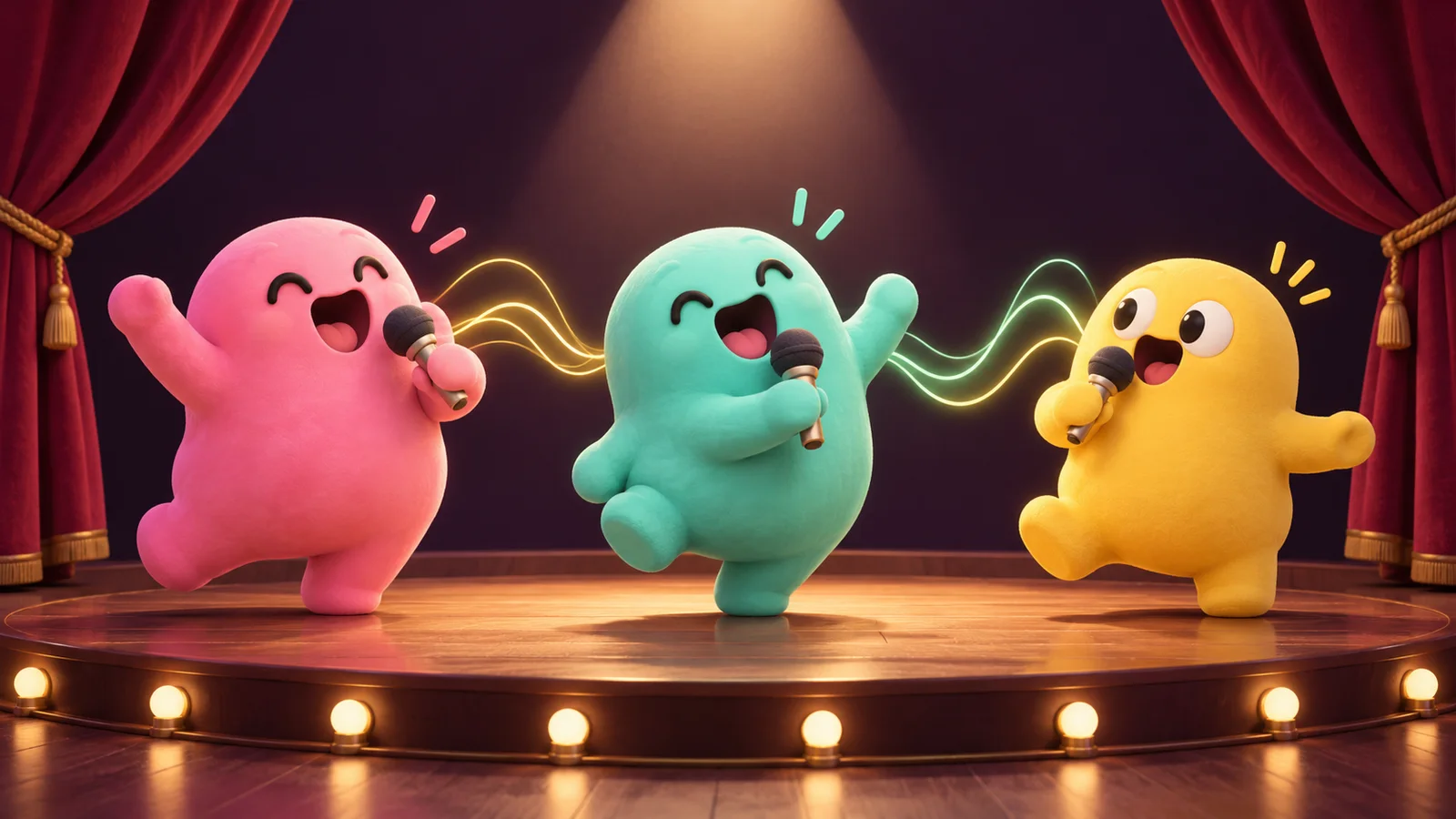 Original illustration of pink, turquoise and yellow singers mimicking sounds on a miniature theater stage