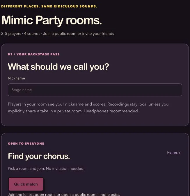 Mimic Party online lobby showing the nickname field and public-room discovery section for 2–5 players