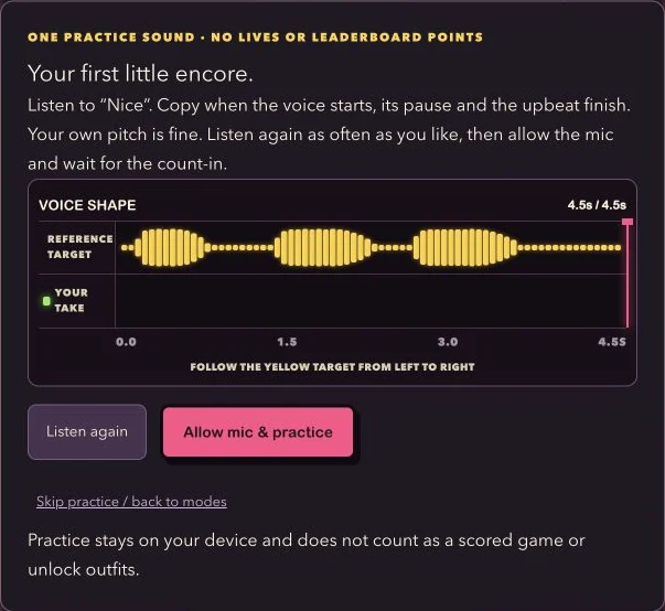 Mimic Party practice screen with a yellow reference waveform, an empty green take track, and listen and microphone buttons