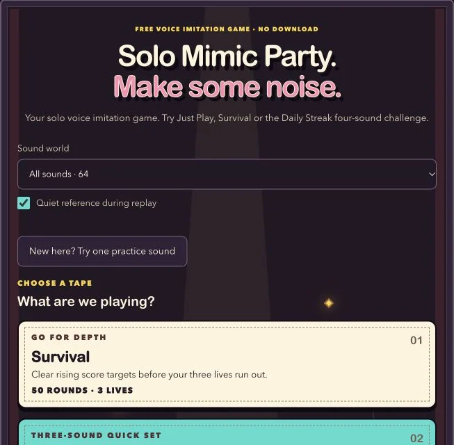 Solo Mimic Party game showing sound-world selection, an optional practice button, and the Survival mode card