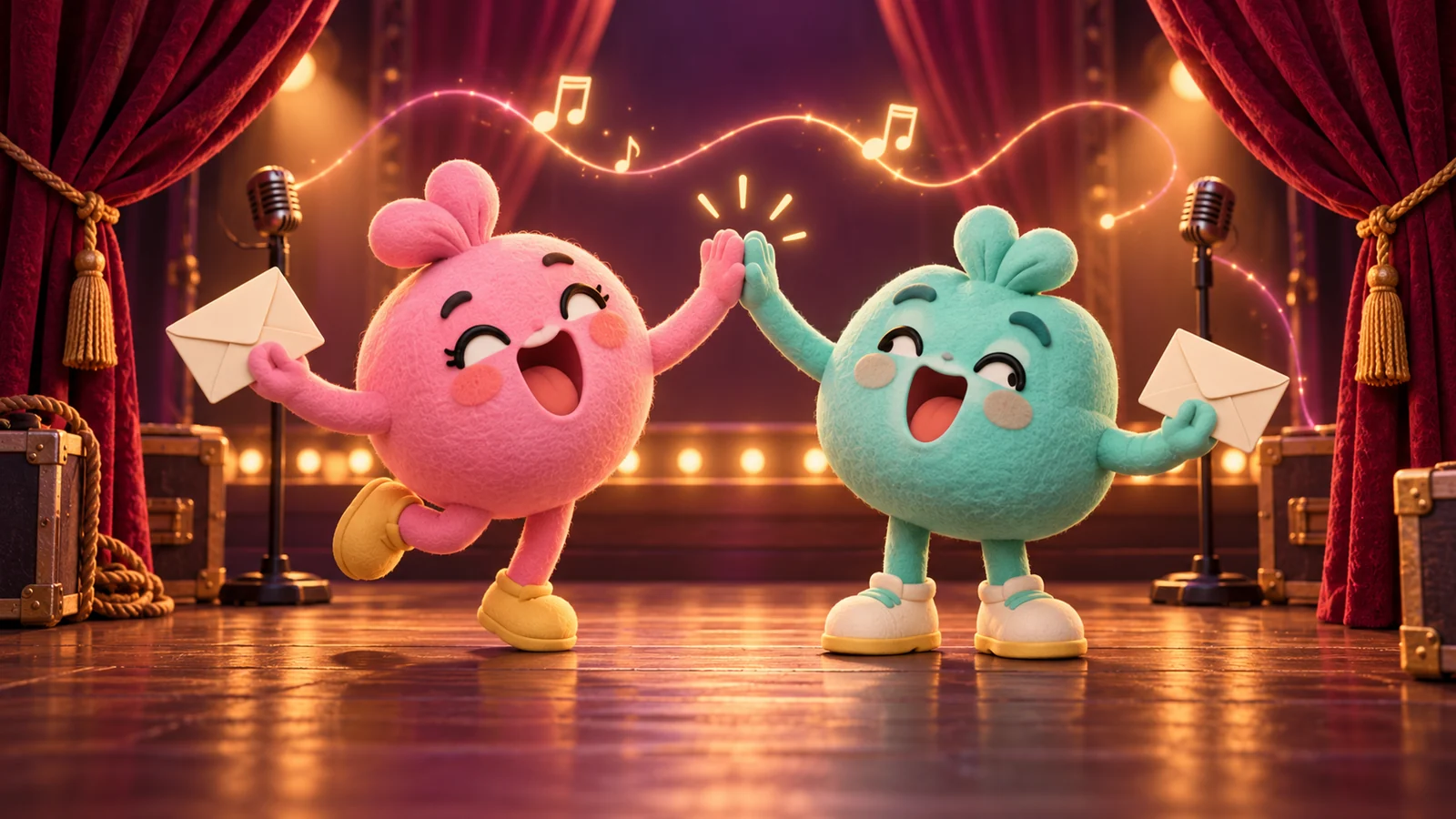 Pink and mint singing mascots high-five while holding blank invitations beside backstage microphones, each with two visible hands and two feet