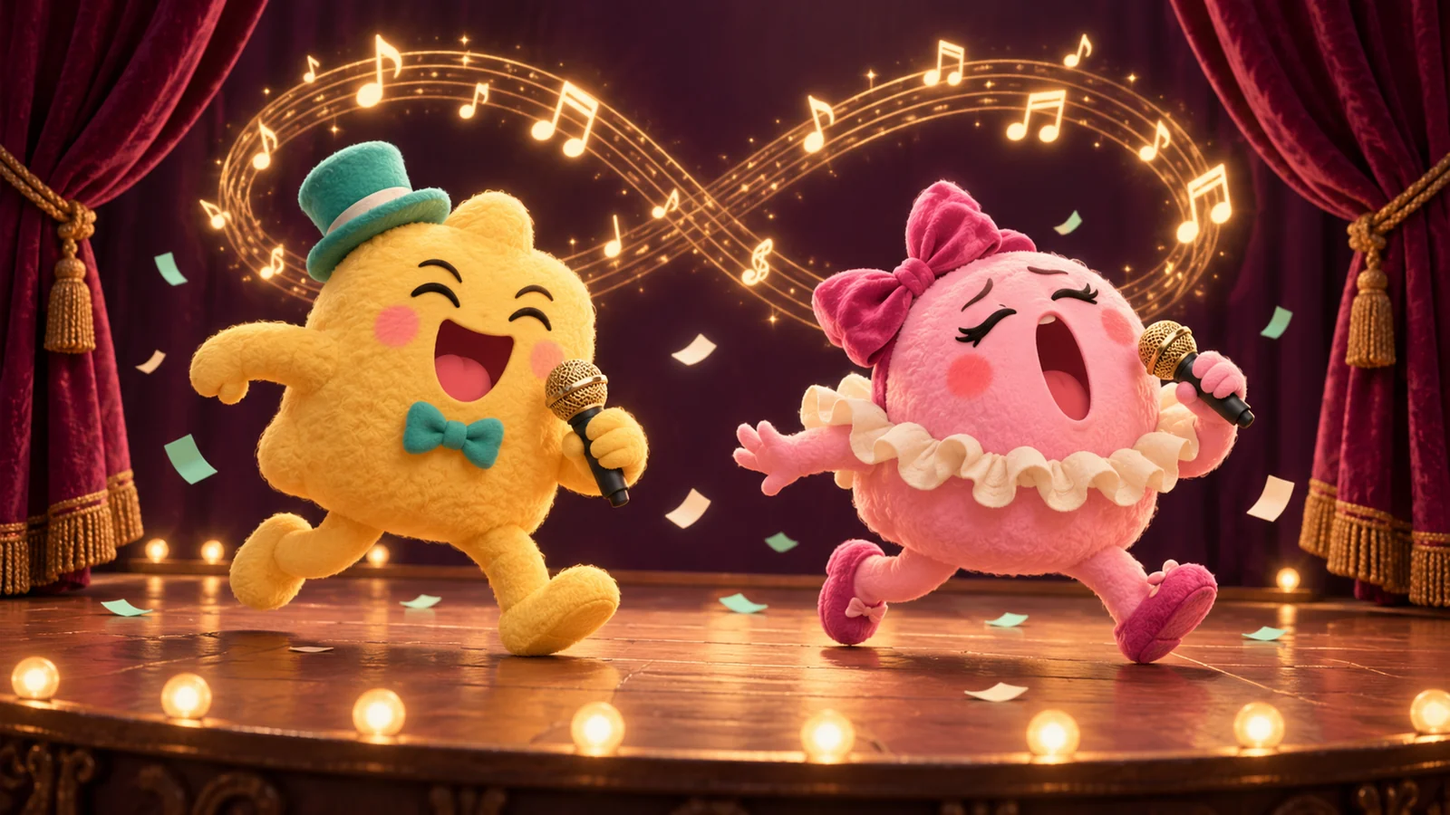 Yellow and pink clay singers run toward another warm spotlight while singing, with a glowing infinity-shaped musical ribbon behind them