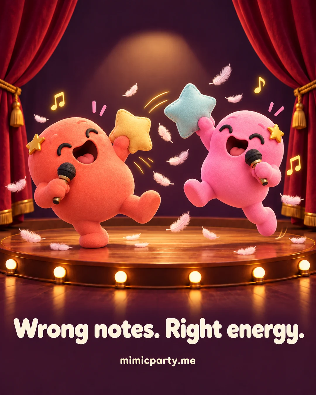Pillow Duet: two playful singers have a pillow fight. Wrong notes. Right energy.