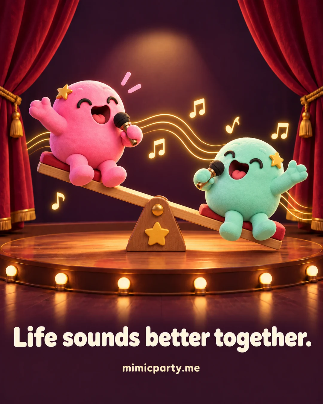 Seesaw Duet: pink and mint friends sing together on a seesaw. Life sounds better together.