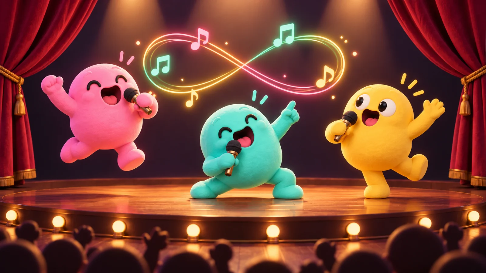 Pink, mint and yellow mascots sing and dance beneath a glowing musical infinity loop, cheered on by their friends.